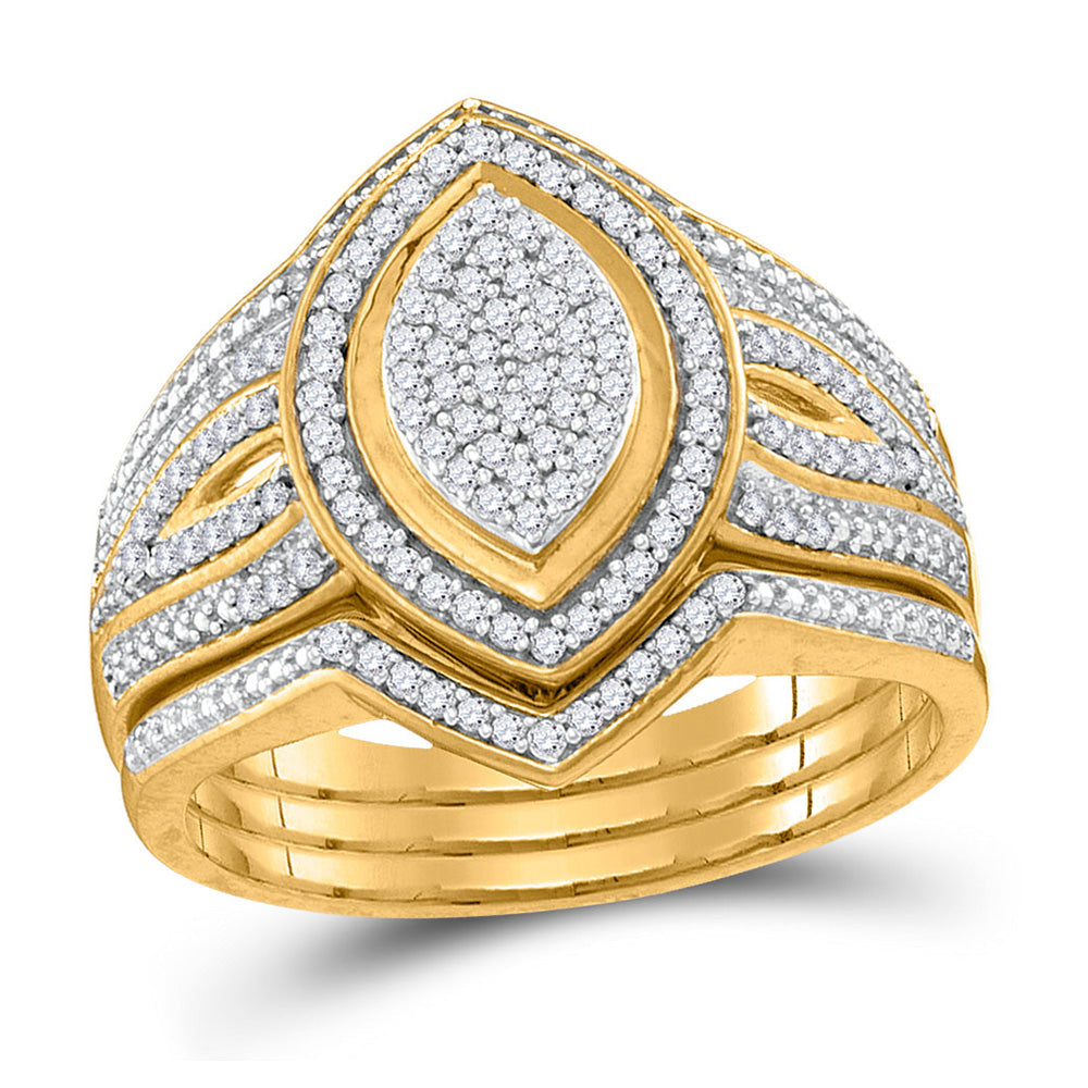 10kt Yellow Gold Diamond Cluster 3-Piece Bridal Wedding Ring Band Set 1/3 Cttw