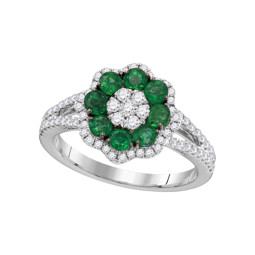 18kt White Gold Womens Round Emerald Diamond Flower Cluster Ring 1-1/4 Cttw