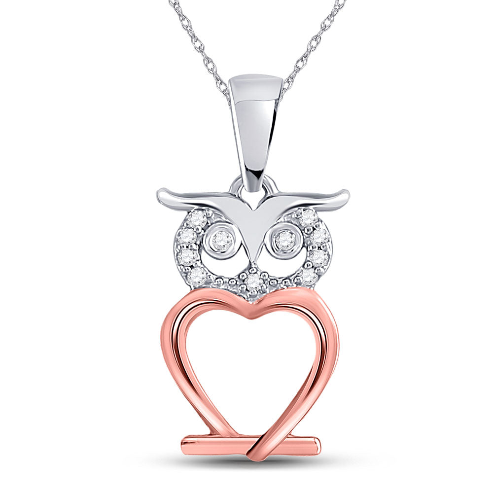 10kt Two-tone Gold Womens Round Diamond Owl Bird Animal Pendant 1/20 Cttw