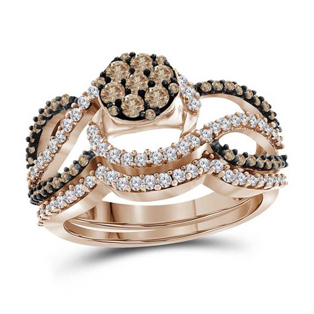 10kt Rose Gold Womens Round Brown Diamond Cluster Bridal Wedding Ring Band Set 1 Cttw