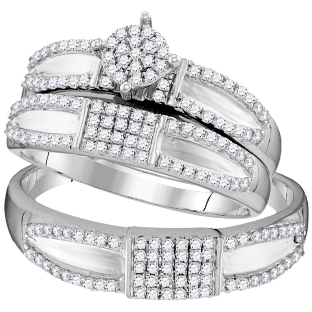 10kt White Gold His Hers Round Diamond Cluster Matching Wedding Set 1/2 Cttw