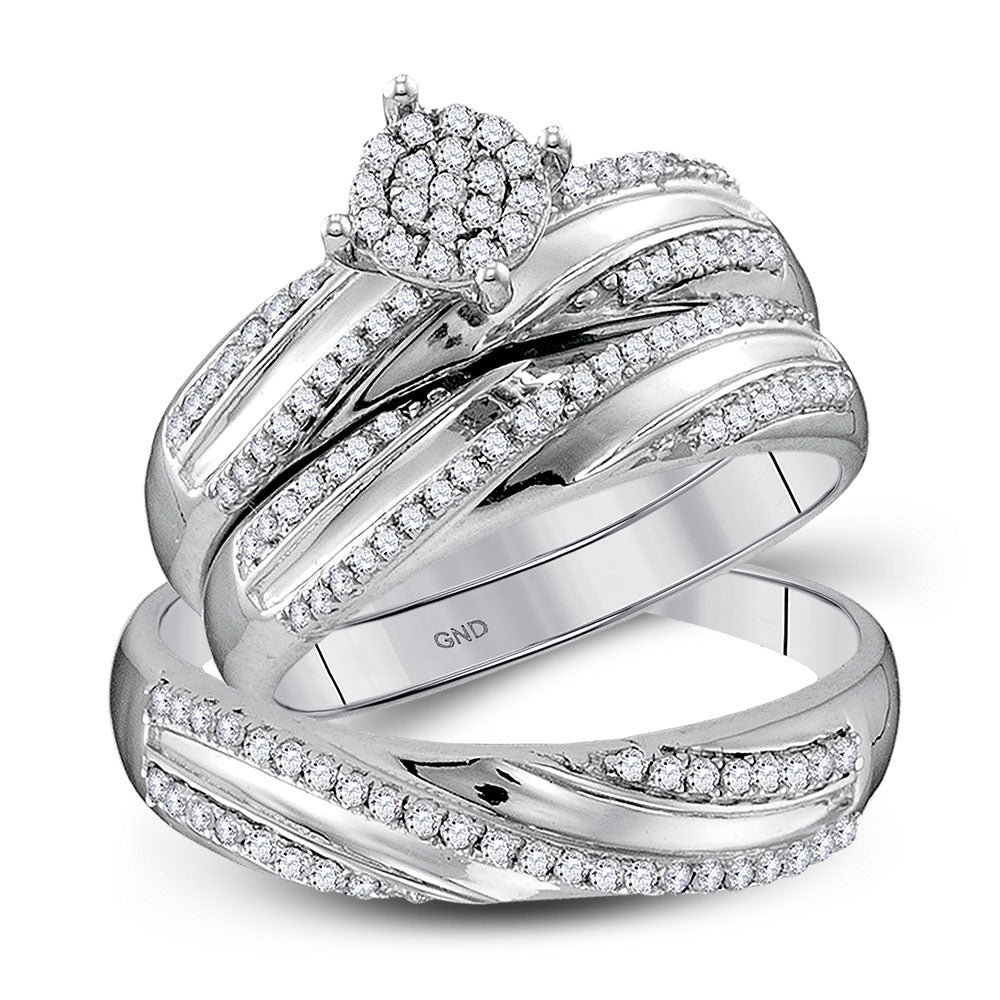 10kt White Gold His Hers Round Diamond Cluster Matching Wedding Set 1/2 Cttw