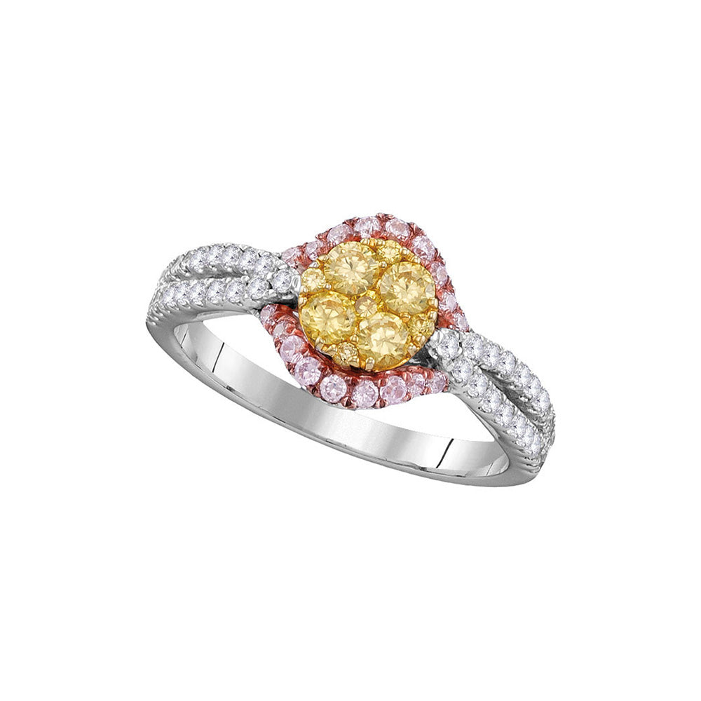 14kt White Gold Round Yellow Diamond Cluster Bridal Wedding Engagement Ring 3/4 Cttw