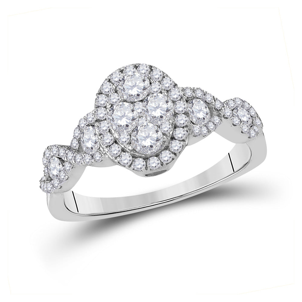 10kt White Gold Round Diamond Oval Cluster Twist Ring 1 Cttw
