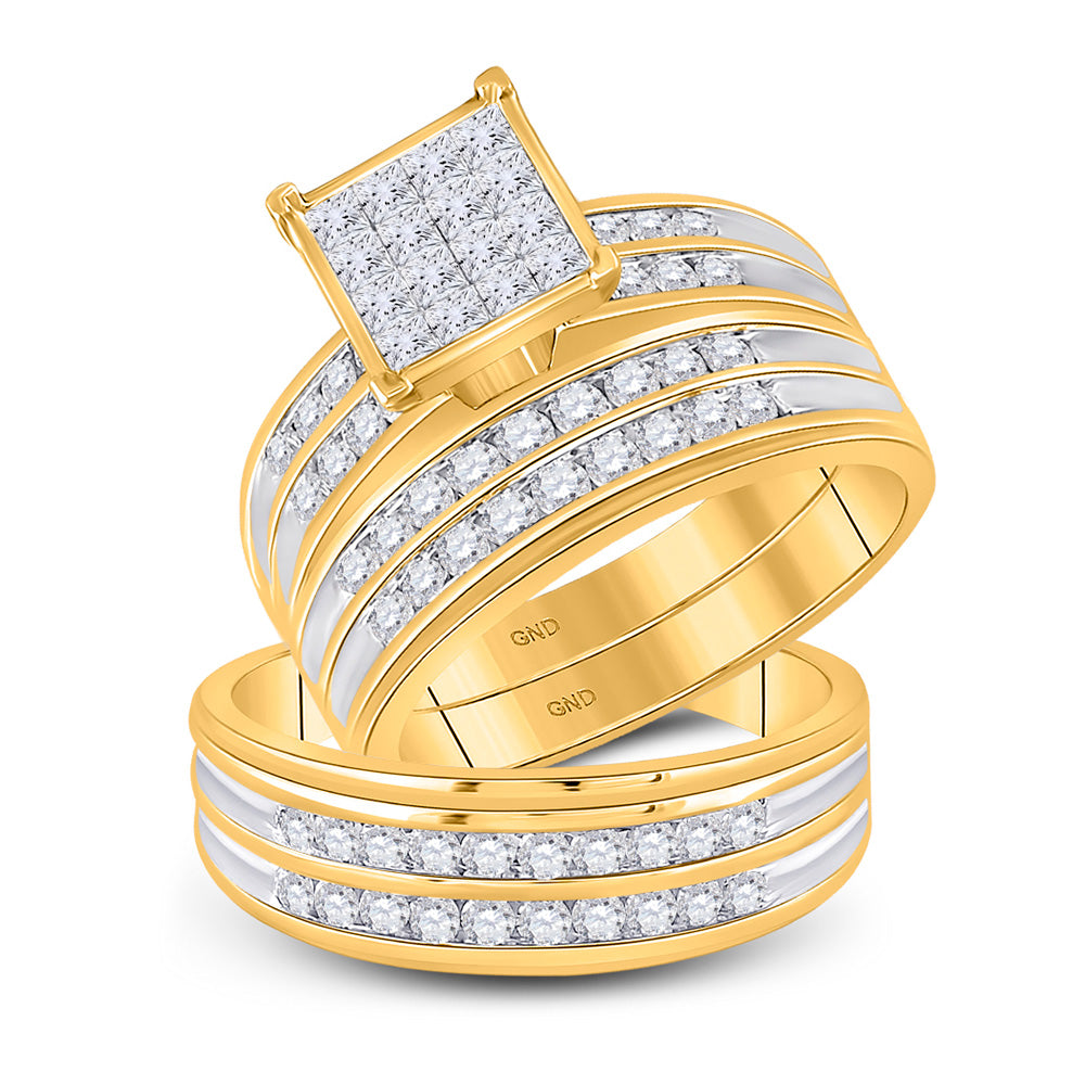 14kt Yellow Gold His Hers Princess Diamond Square Matching Wedding Set 1-1/2 Cttw