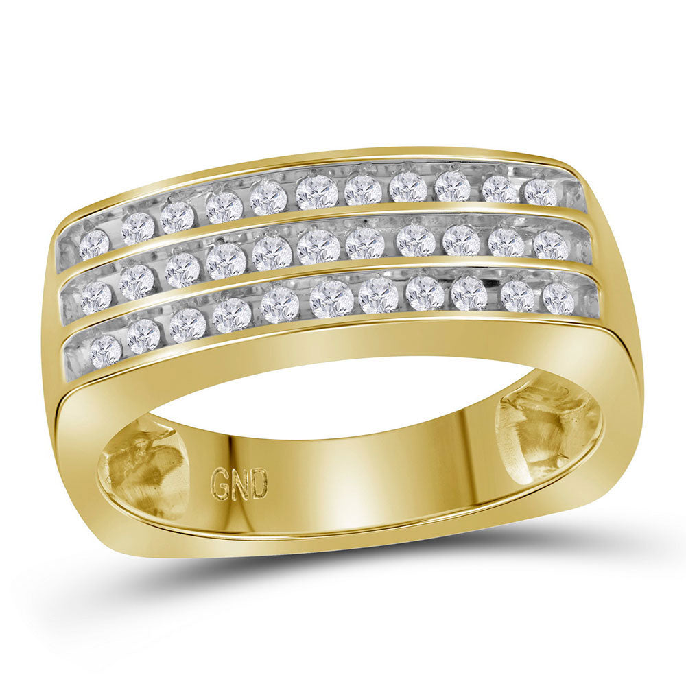 10kt Yellow Gold Mens Round Diamond 3-Row Band Ring 1/2 Cttw