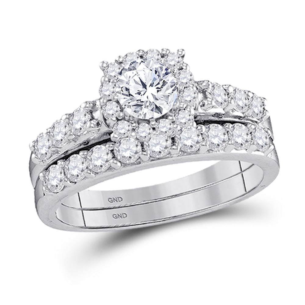 14k White Gold Round Diamond Halo Bridal Wedding Ring Band Set 1-1/2 Cttw