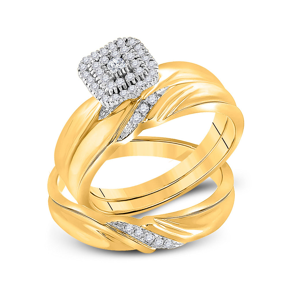 10kt Yellow Gold His Hers Round Diamond Cluster Matching Wedding Set 1/5 Cttw