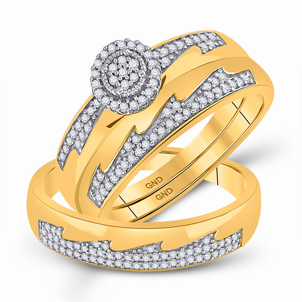10kt Yellow Gold His Hers Round Diamond Cluster Matching Wedding Set 1/3 Cttw