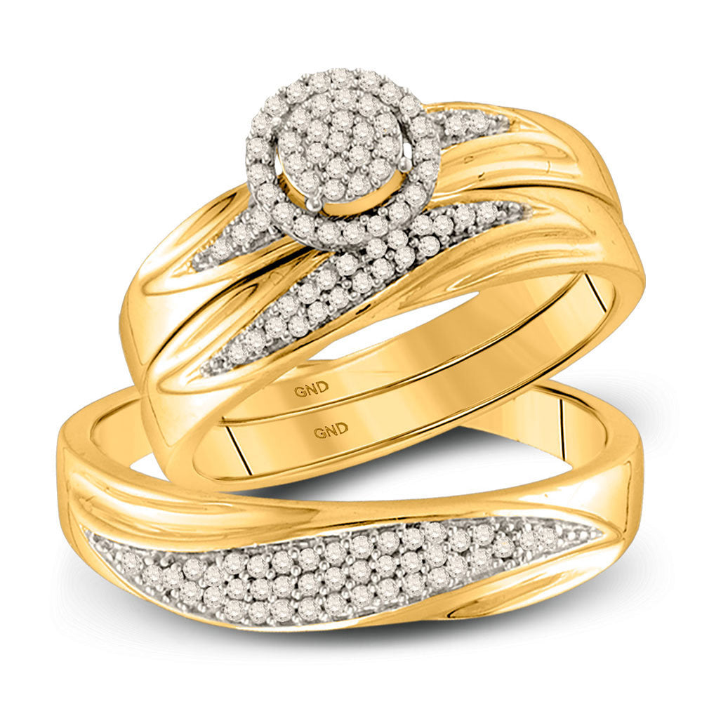 10kt Yellow Gold His Hers Round Diamond Cluster Matching Wedding Set 1/3 Cttw