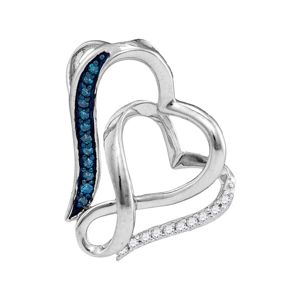 Sterling Silver Womens Round Blue Color Enhanced Diamond Heart Pendant 1/20 Cttw