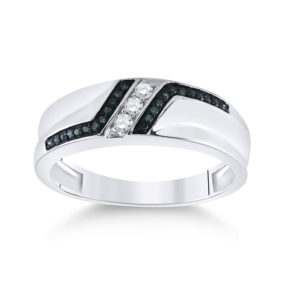 Sterling Silver Mens Round Blue Color Enhanced Diamond Wedding Band 1/5 Cttw