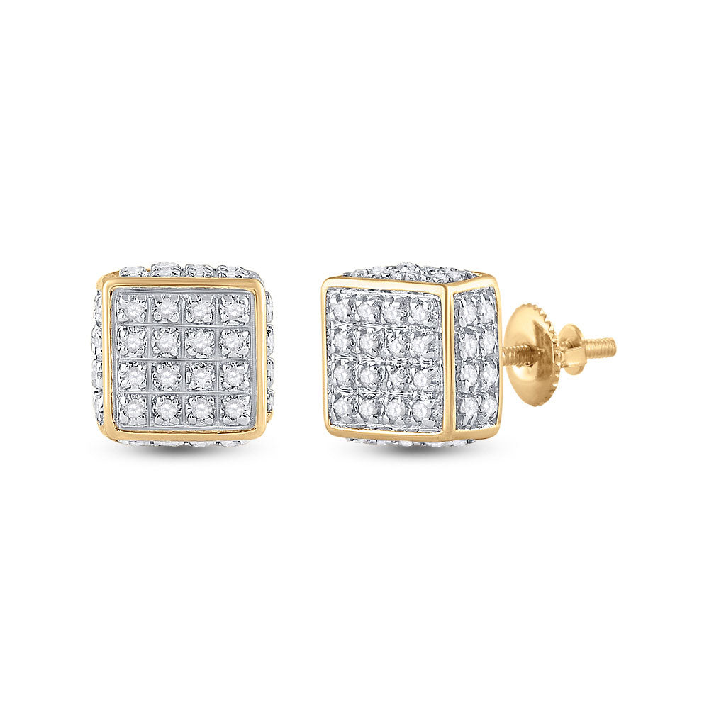 10kt Yellow Gold Mens Round Diamond 3D Square Stud Earrings 1/4 Cttw