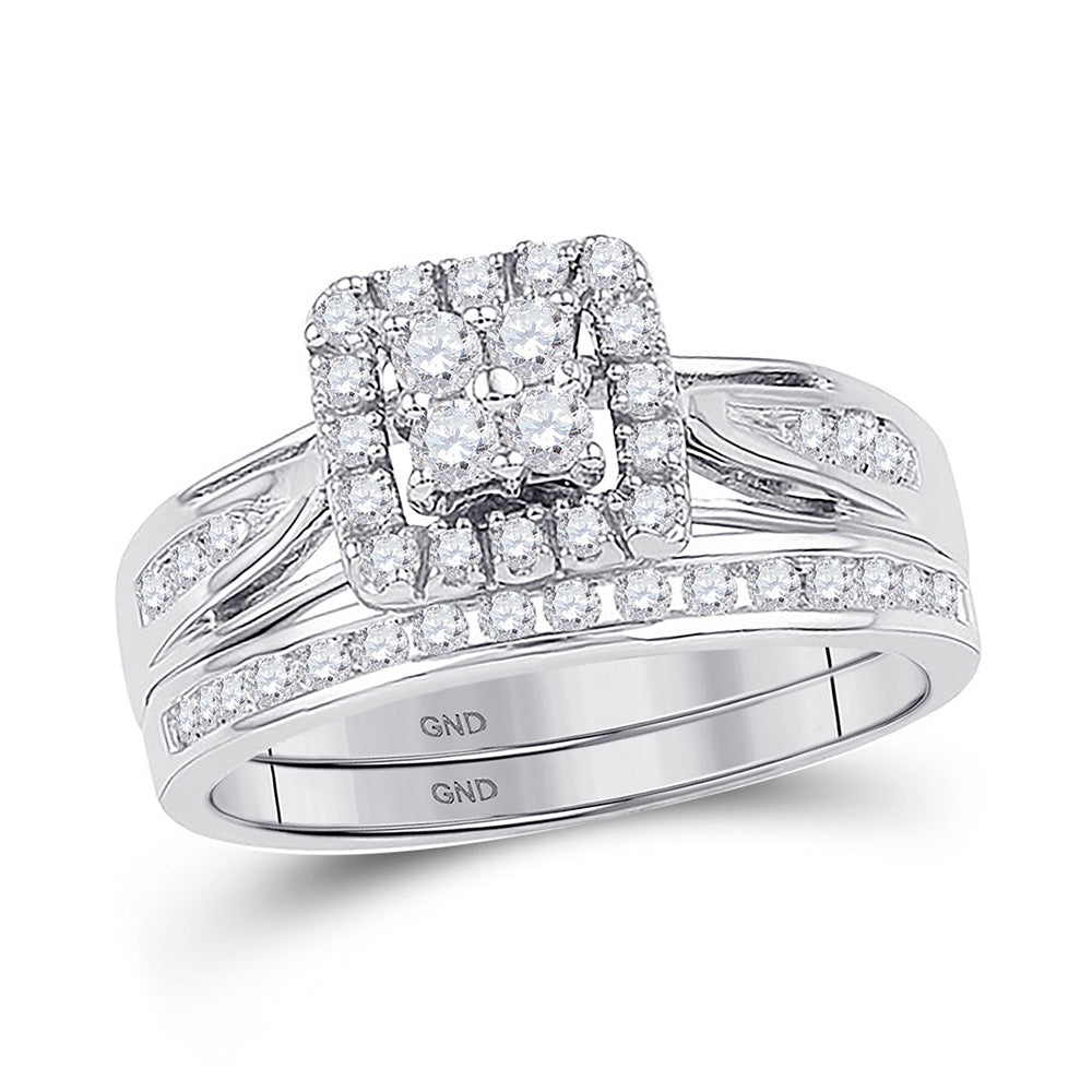 10kt White Gold Round Diamond Halo Bridal Wedding Ring Band Set 1-1/2 Cttw