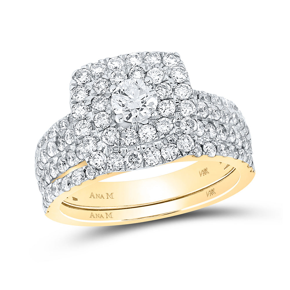 14kt Yellow Gold Round Diamond Halo Bridal Wedding Ring Band Set 1-3/4 Cttw