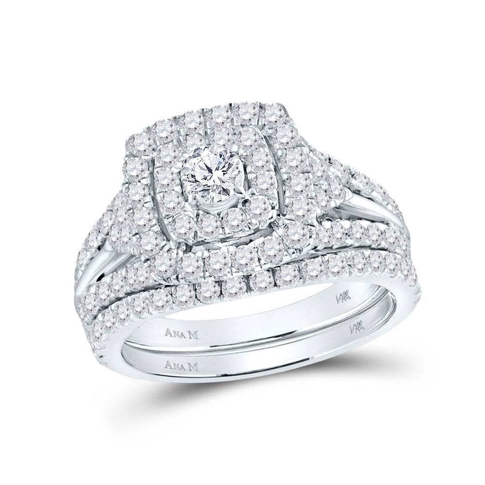 14kt White Gold Round Diamond Halo Bridal Wedding Ring Band Set 1-7/8 Cttw