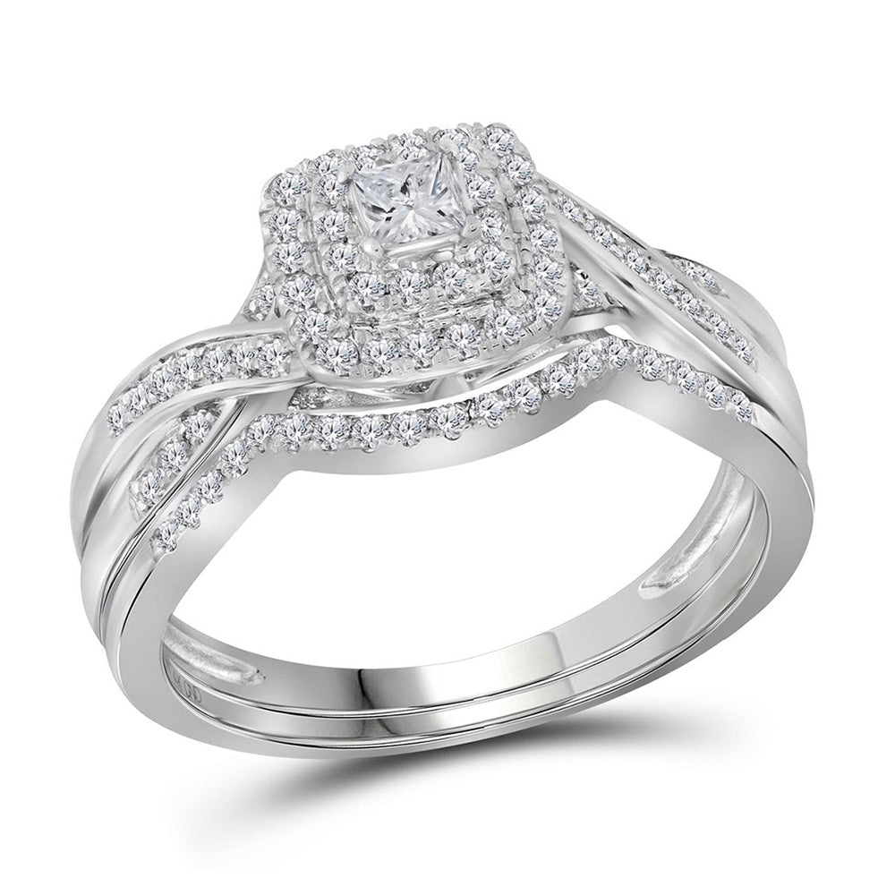 14kt White Gold Princess Diamond Bridal Wedding Ring Band Set 1/2 Cttw
