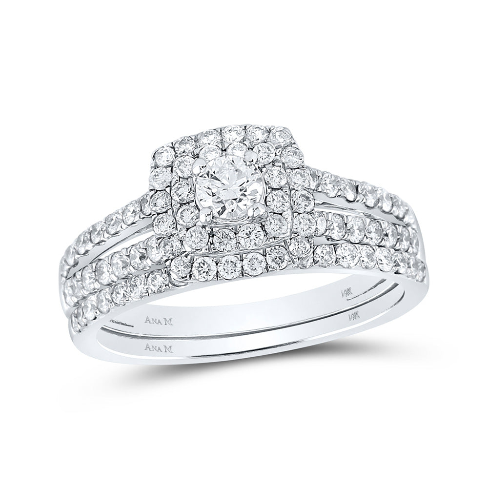 14kt White Gold Round Diamond Halo Bridal Wedding Ring Band Set 1 Cttw