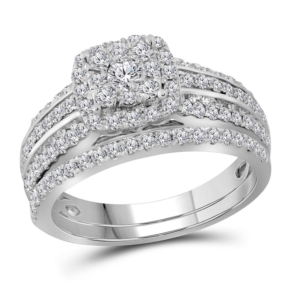 14kt White Gold Round Diamond Double Halo Bridal Wedding Ring Band Set 1 Cttw