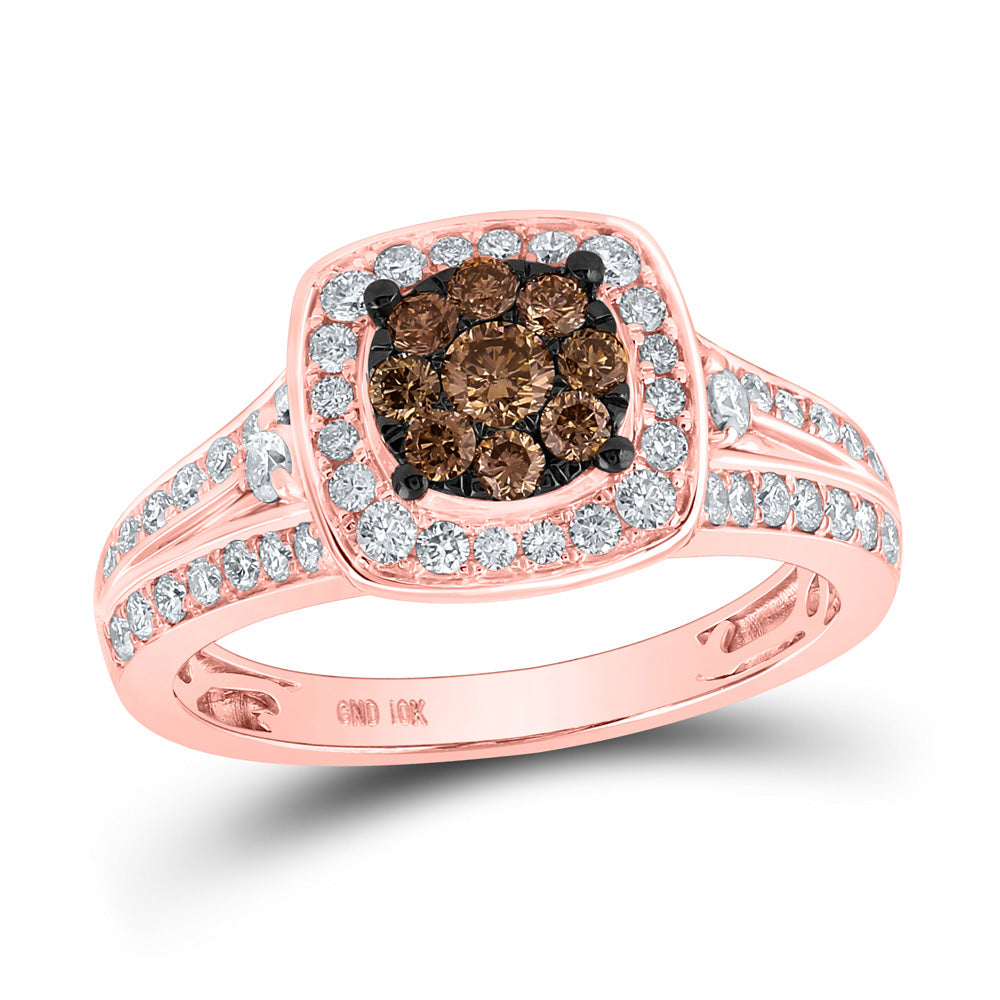 10kt Rose Gold Womens Round Brown Diamond Square Cluster Ring 1 Cttw