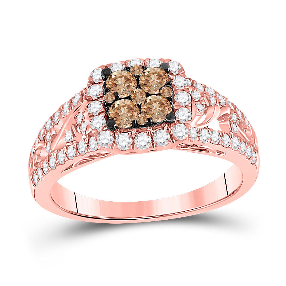 10kt Rose Gold Womens Round Brown Diamond Square Cluster Ring 1 Cttw