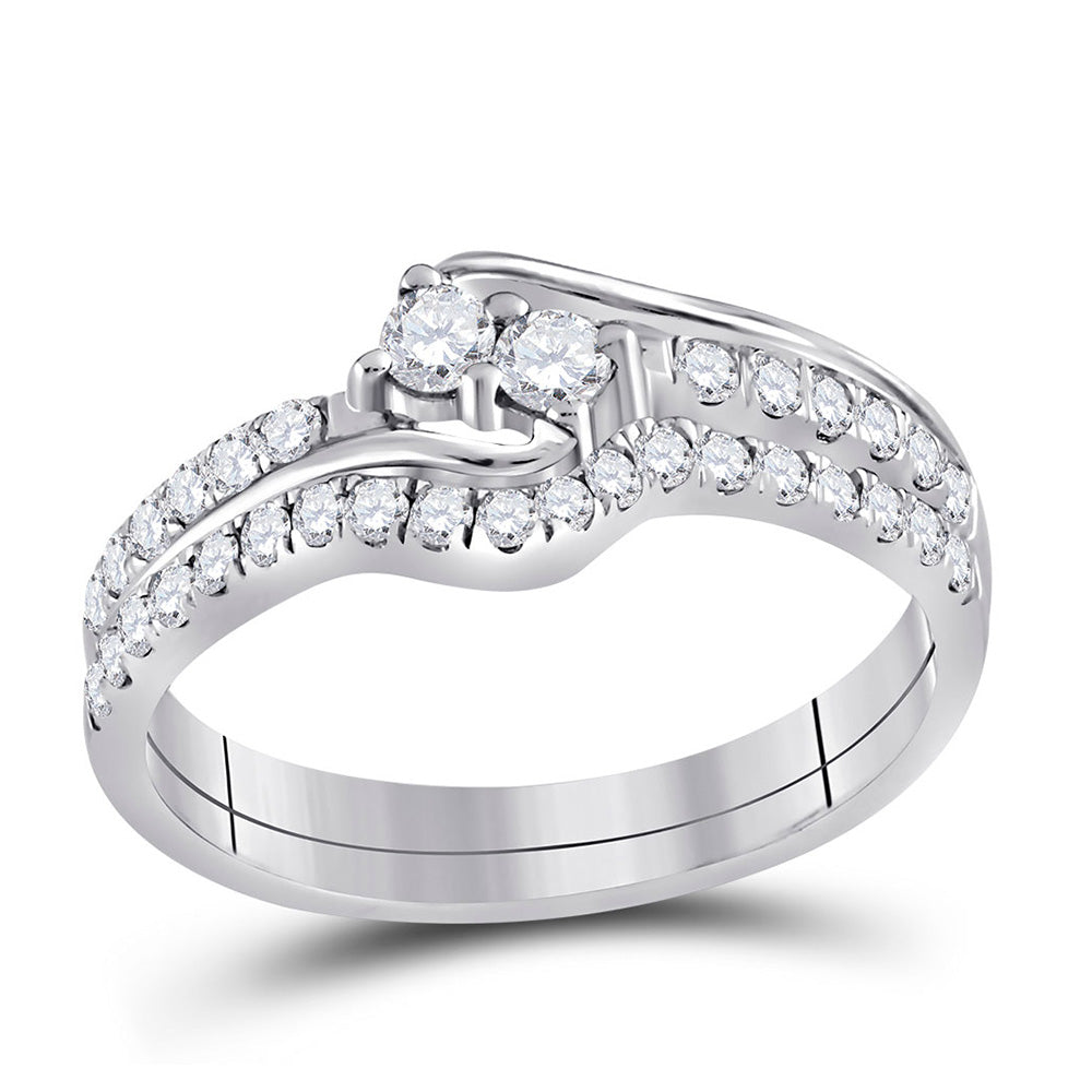 10kt White Gold Round Diamond 2-stone Bridal Wedding Ring Band Set 1/2 Cttw