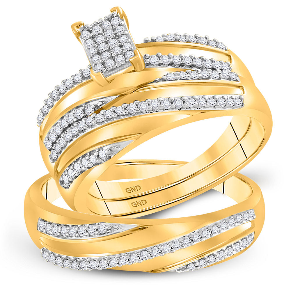 10kt Yellow Gold His Hers Round Diamond Cluster Matching Wedding Set 3/8 Cttw