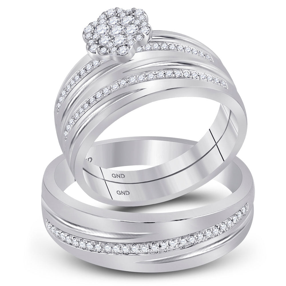 10kt White Gold His Hers Round Diamond Cluster Matching Wedding Set 3/8 Cttw