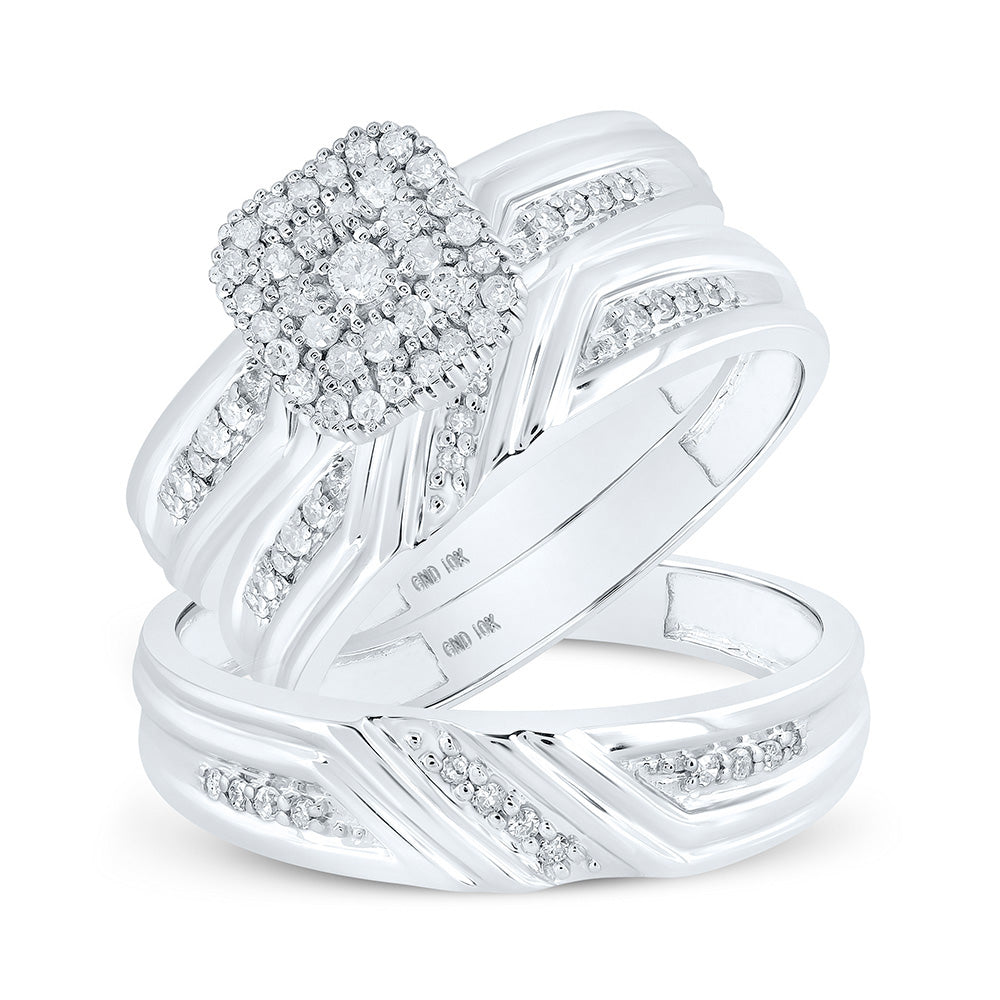 10kt White Gold His Hers Round Diamond Square Matching Wedding Set 1/3 Cttw