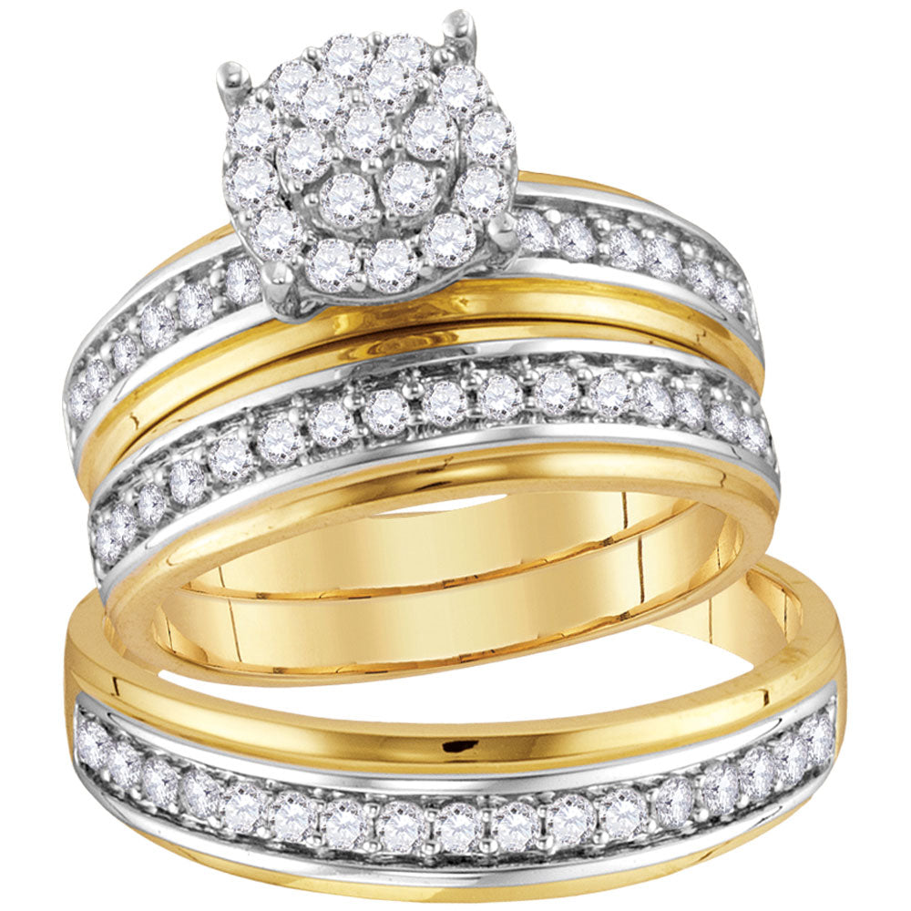 10kt Yellow Gold His Hers Round Diamond Cluster Matching Wedding Set 1 Cttw