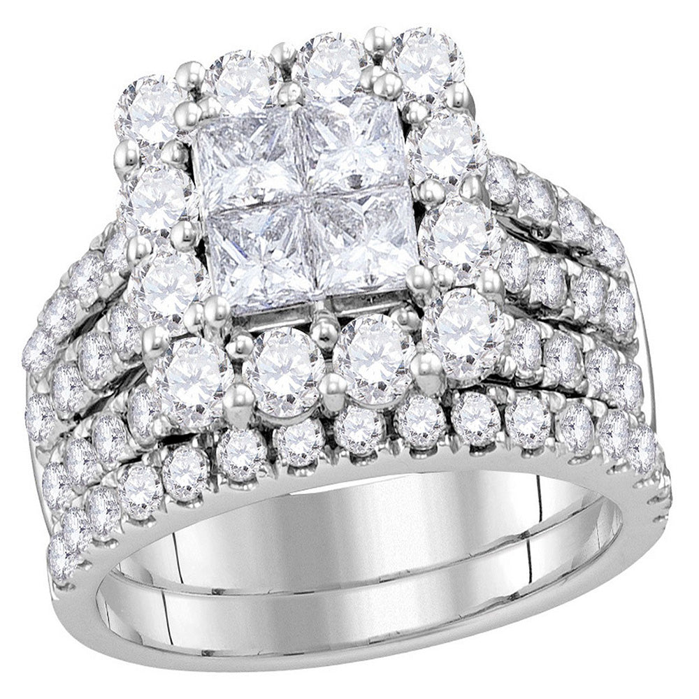 14kt White Gold Princess Diamond Cluster Bridal Wedding Ring Band Set 3 Cttw