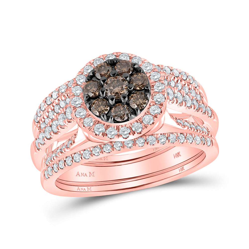14kt Rose Gold Womens Round Brown Diamond 3-Piece Bridal Wedding Ring Band Set 1 Cttw