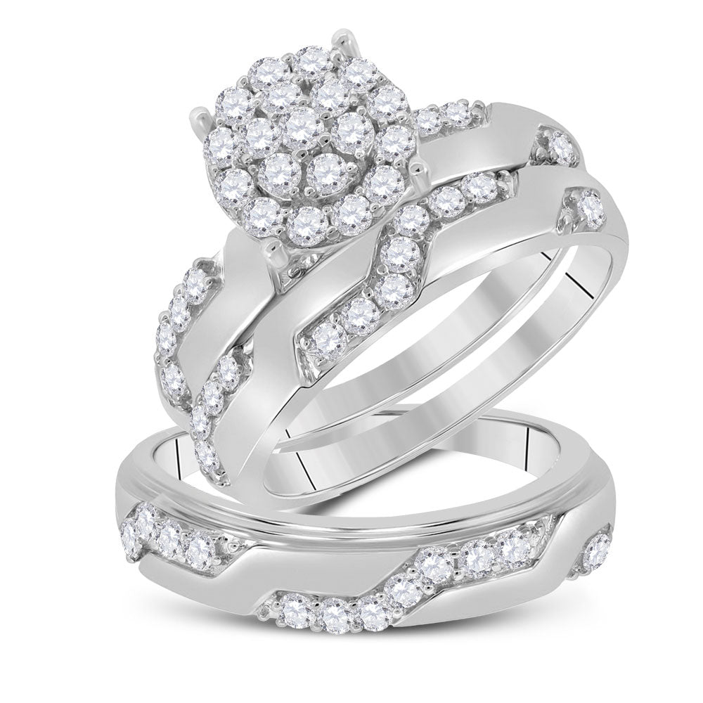 10kt White Gold His Hers Round Diamond Cluster Matching Wedding Set 1 Cttw