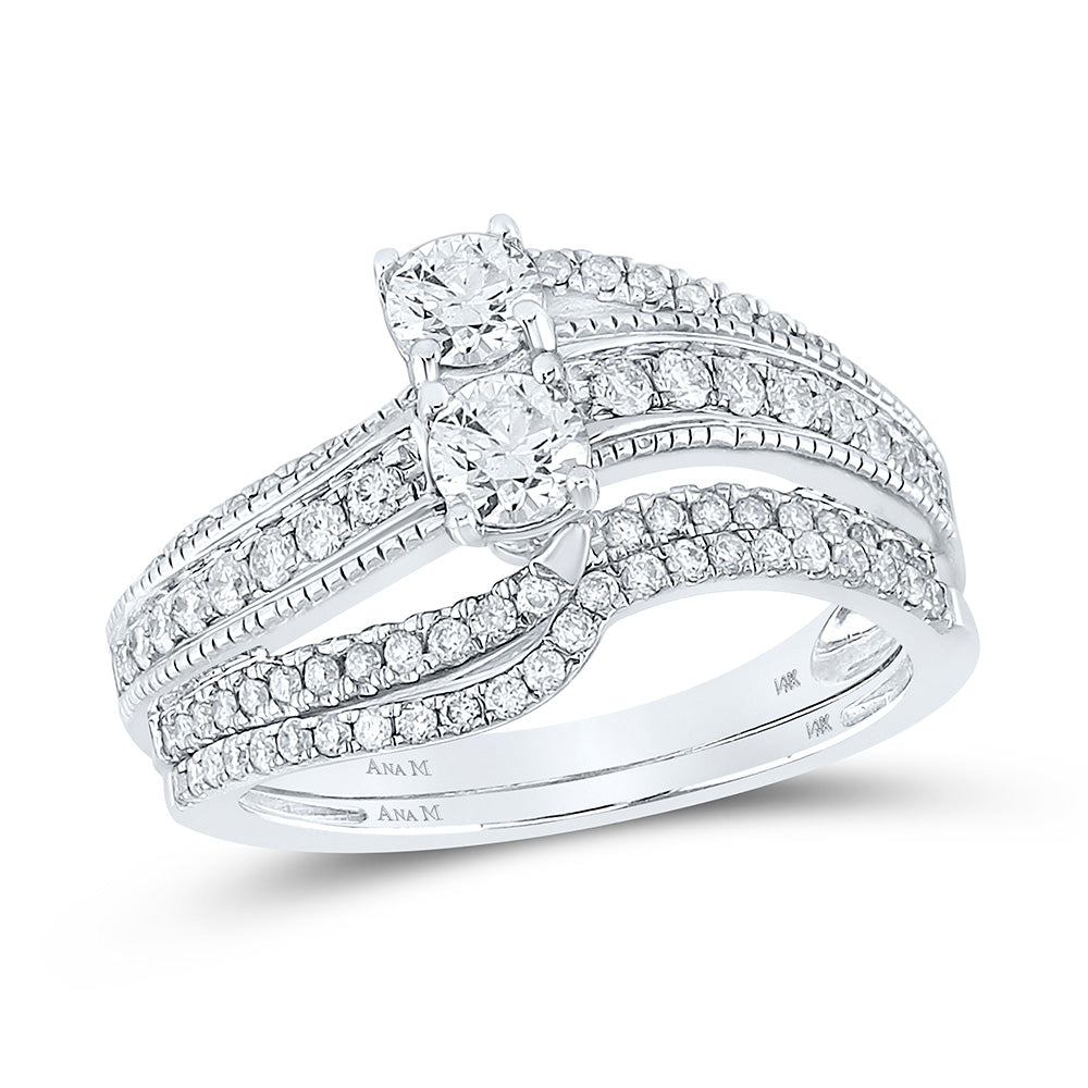 14kt White Gold Round Diamond 2-Stone Bridal Wedding Ring Band Set 1 Cttw