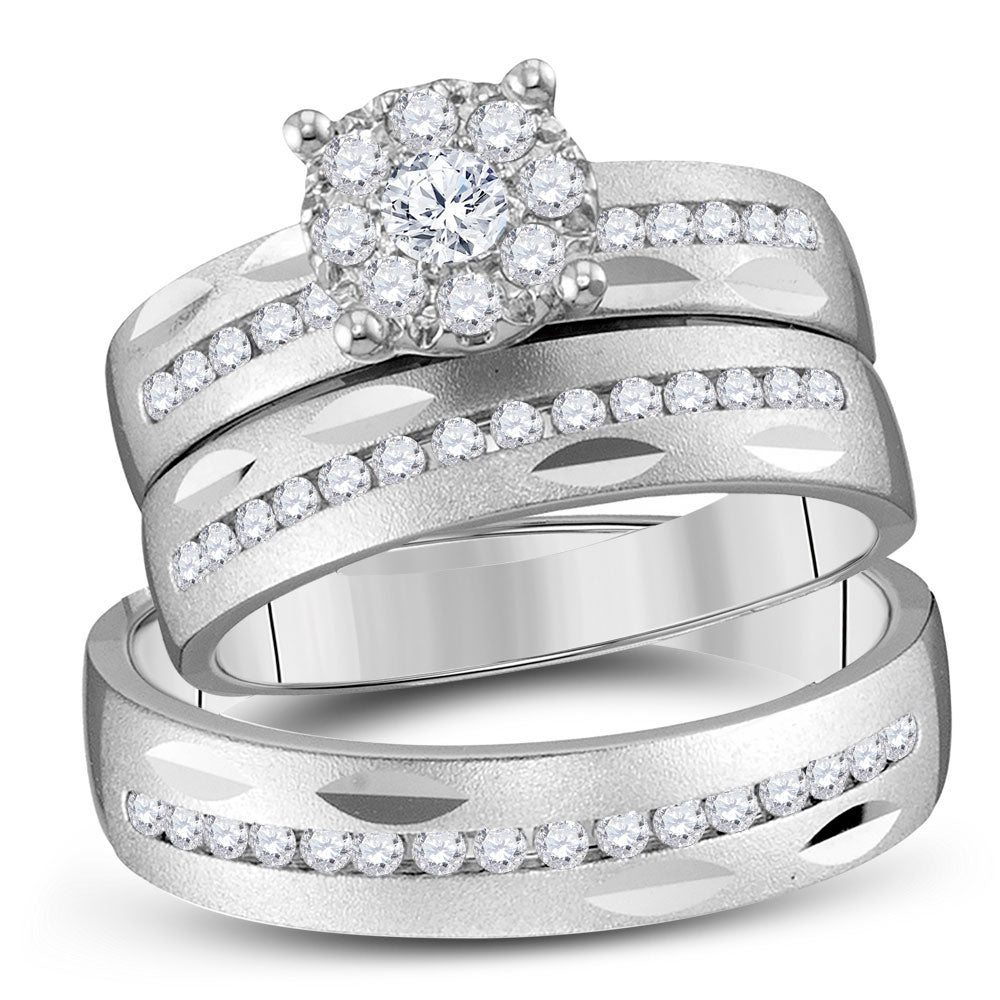 14kt White Gold His Hers Round Diamond Cluster Matching Wedding Set 3/4 Cttw