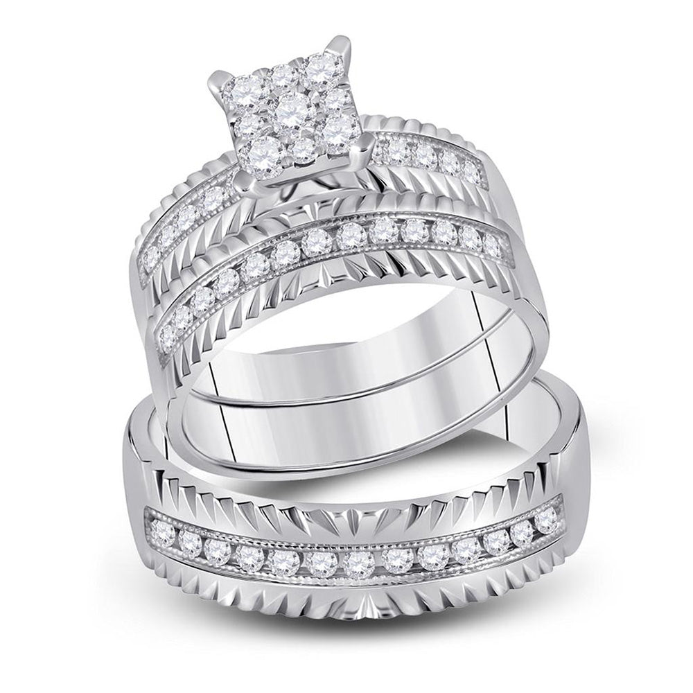 14kt White Gold His Hers Round Diamond Cluster Matching Wedding Set 3/4 Cttw