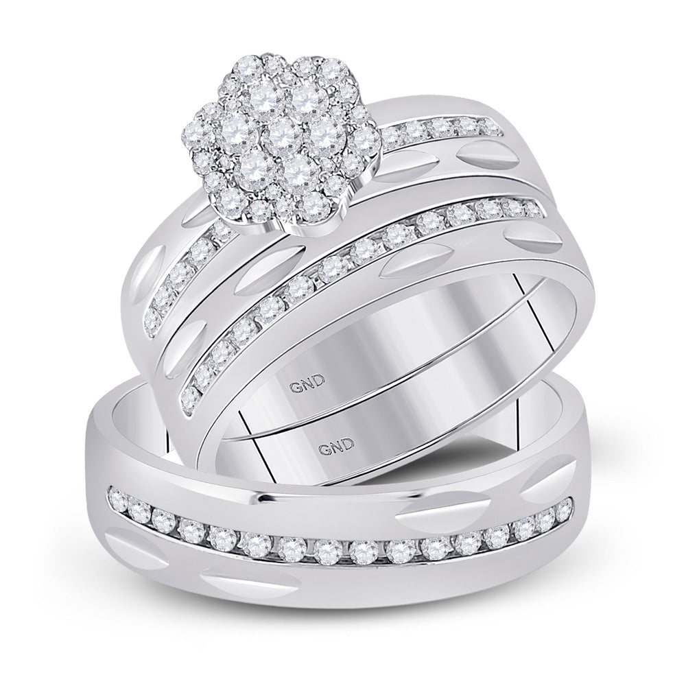 14kt White Gold His Hers Round Diamond Cluster Matching Wedding Set 3/4 Cttw