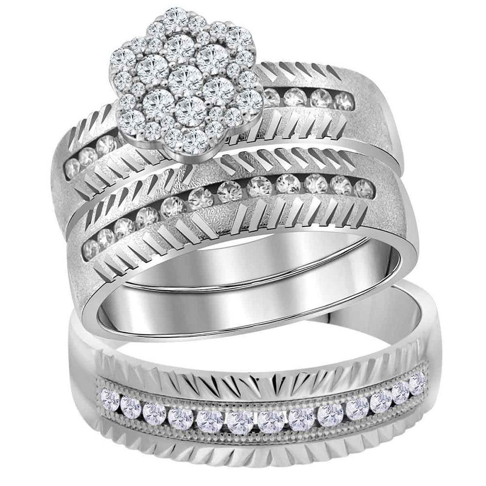 14kt White Gold His Hers Round Diamond Cluster Matching Wedding Set 3/4 Cttw