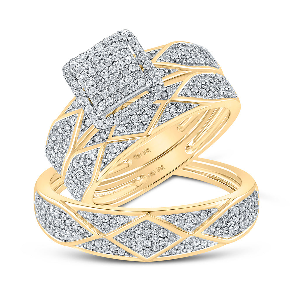 10kt Yellow Gold His Hers Round Diamond Cluster Matching Wedding Set 3/4 Cttw