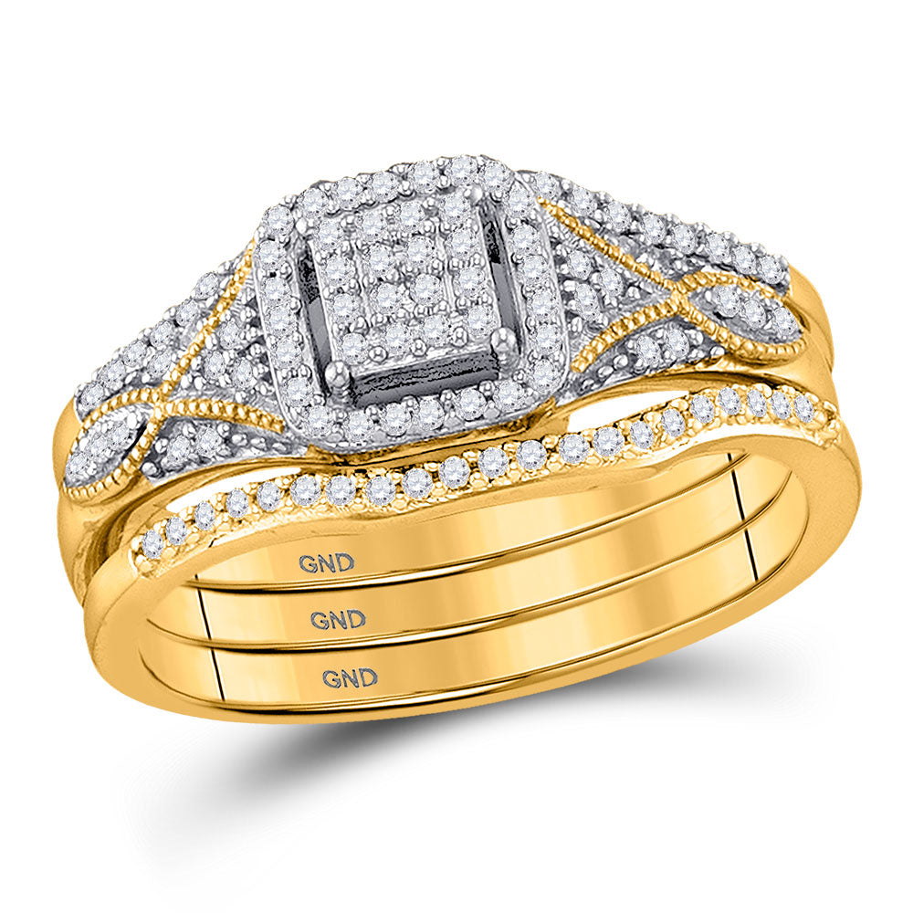 10kt Yellow Gold Round Diamond 3-Piece Bridal Wedding Ring Band Set 1/4 Cttw