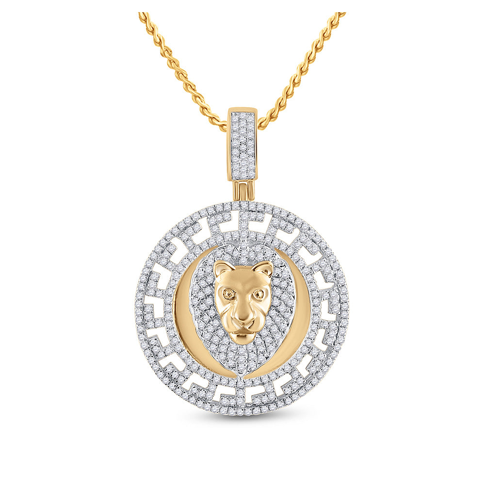 10kt Yellow Gold Mens Round Diamond Lion Head Medallion Charm Pendant 7/8 Cttw