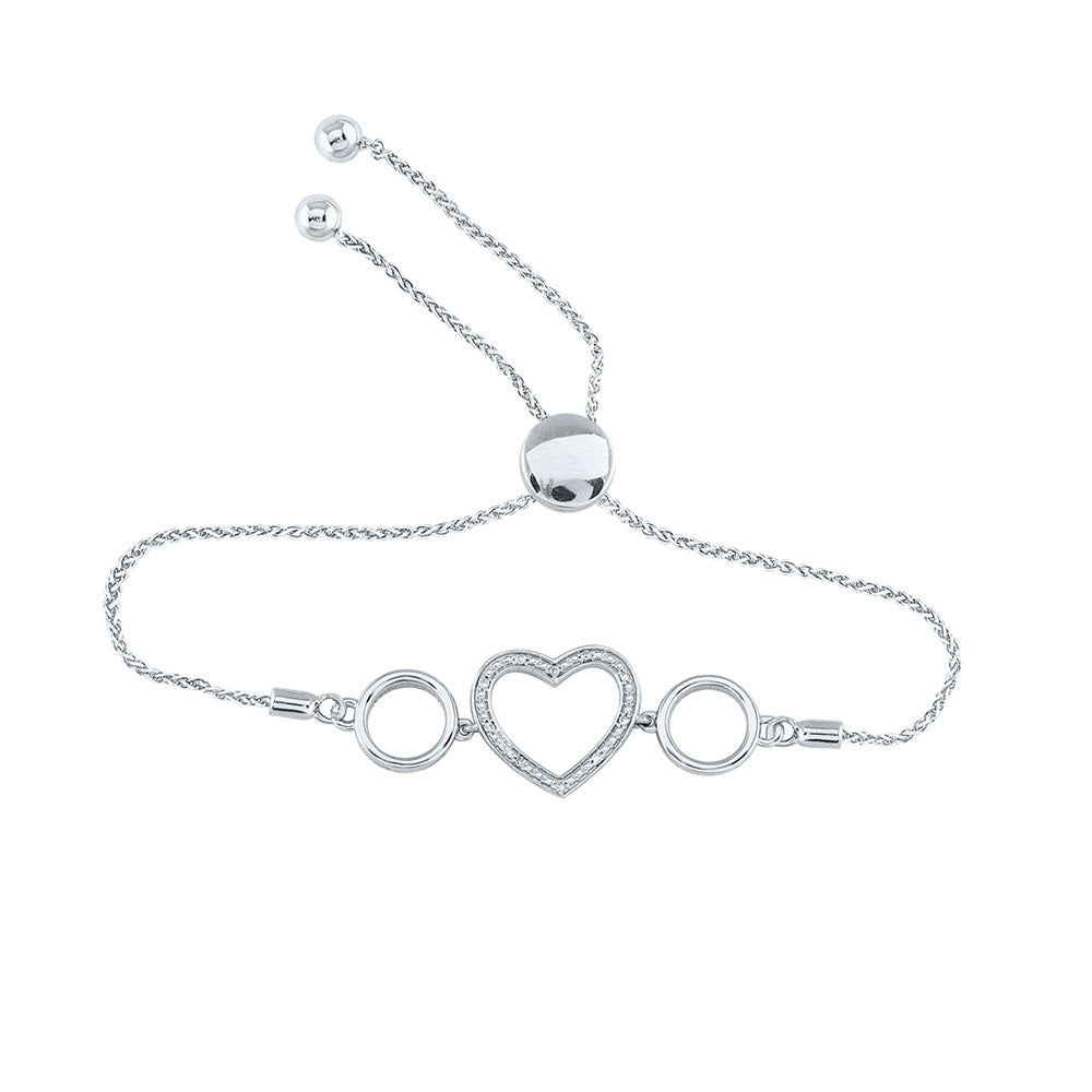 Sterling Silver Womens Round Diamond Heart Bolo Bracelet 1/20 Cttw