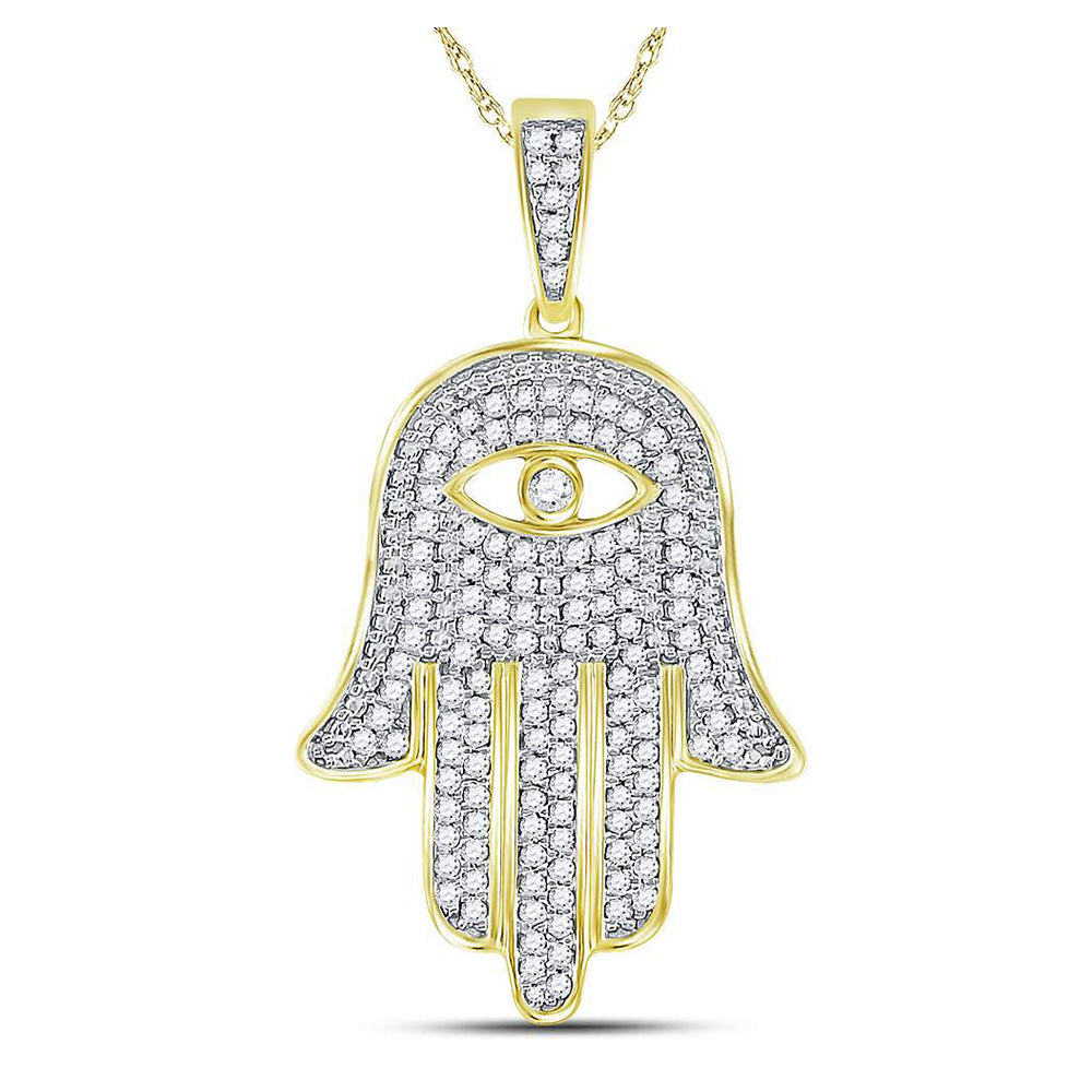 10kt Yellow Gold Mens Round Diamond Eye of Fatima Hamsa Hand Charm Pendant 1/2 Cttw