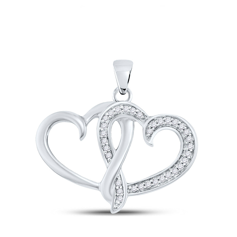 10kt White Gold Womens Round Diamond Double Joined Heart Pendant 1/10 Cttw