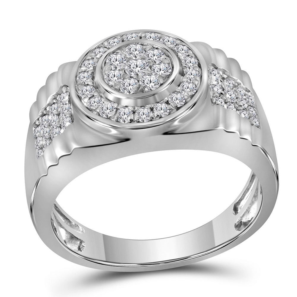 10kt White Gold Mens Round Diamond Ribbed Circle Cluster Ring 7/8 Cttw