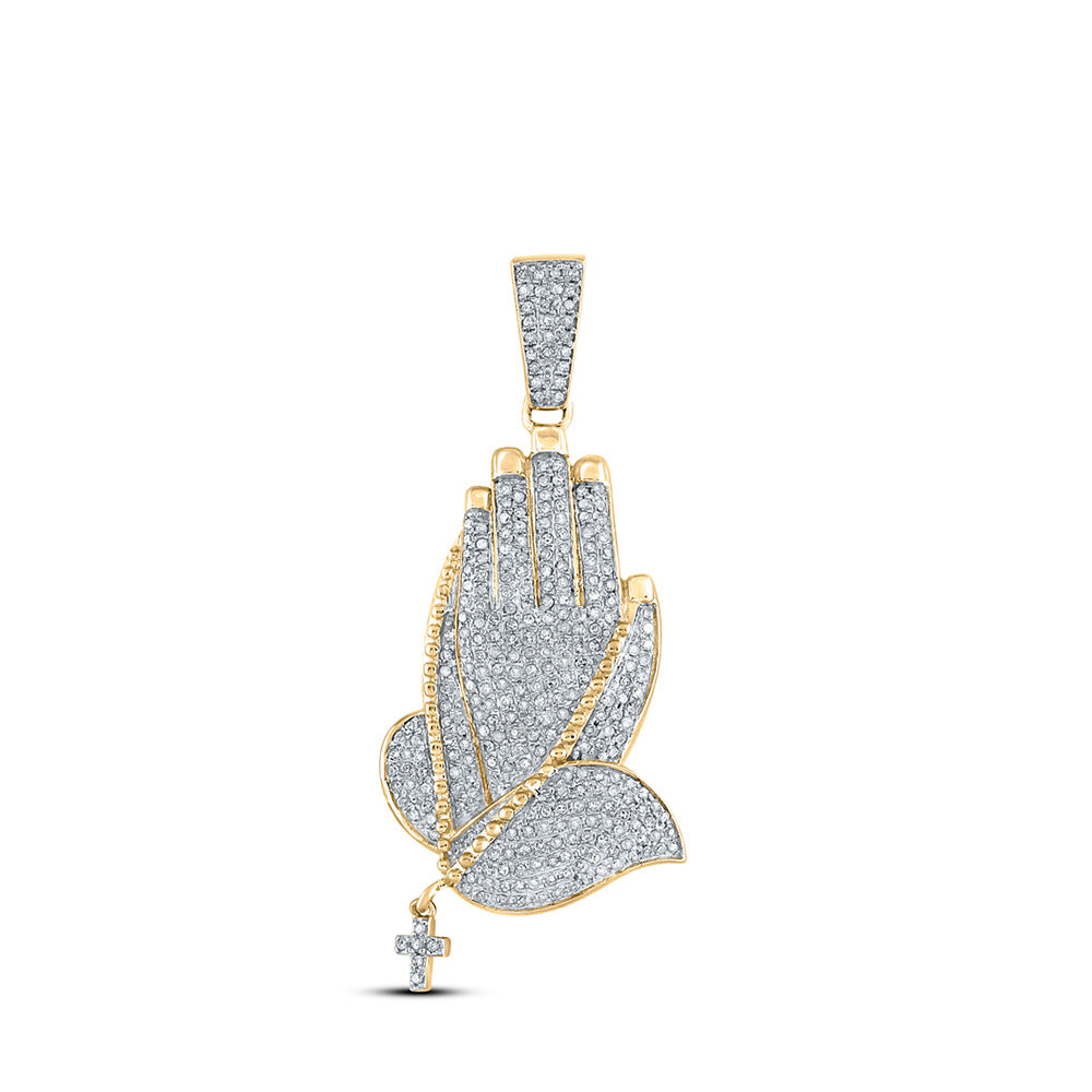 10kt Yellow Gold Mens Round Diamond Prayer Hands Charm Pendant 7/8 Cttw