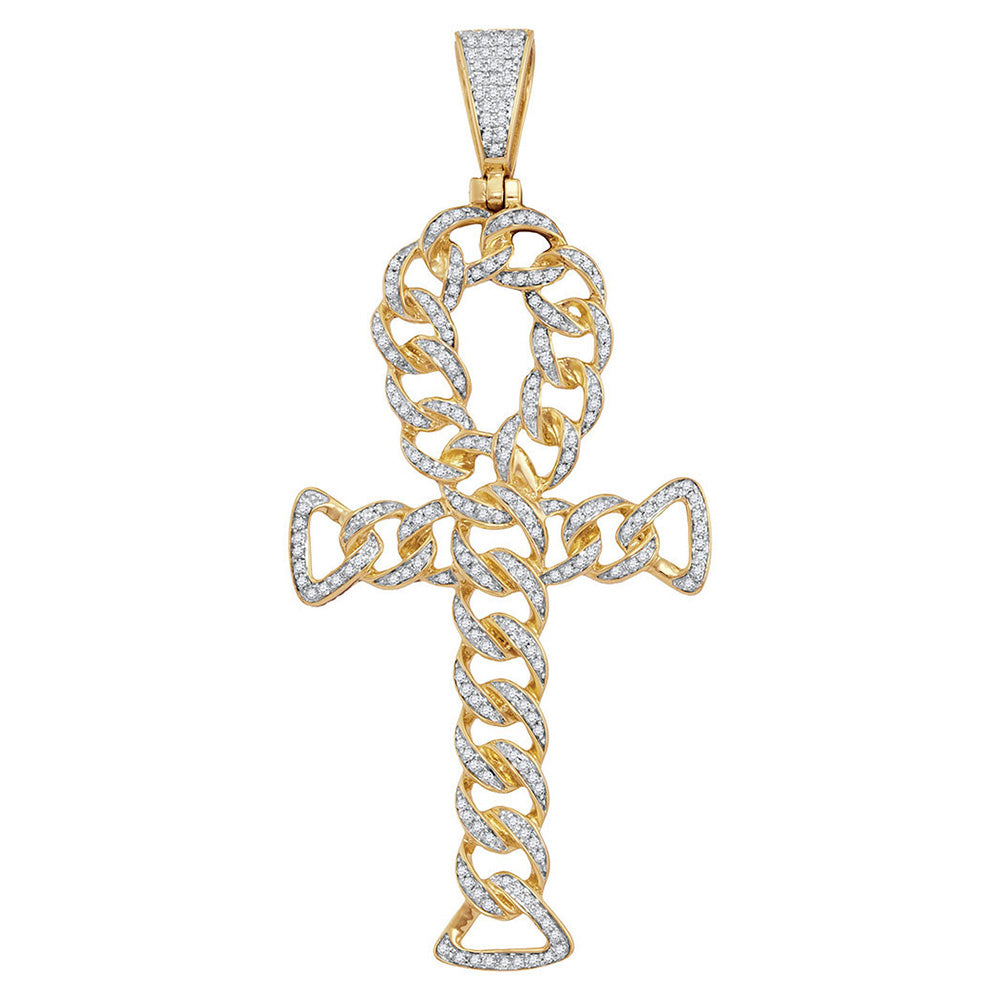 10kt Yellow Gold Mens Round Diamond Ankh Cross Cuban Link Charm Pendant 7/8 Cttw