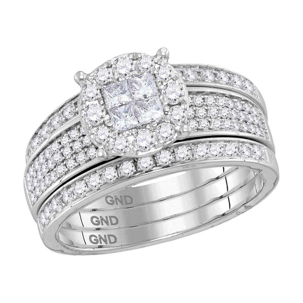 14kt White Gold Princess Round Diamond Bridal Wedding Ring Band Set 1 Cttw