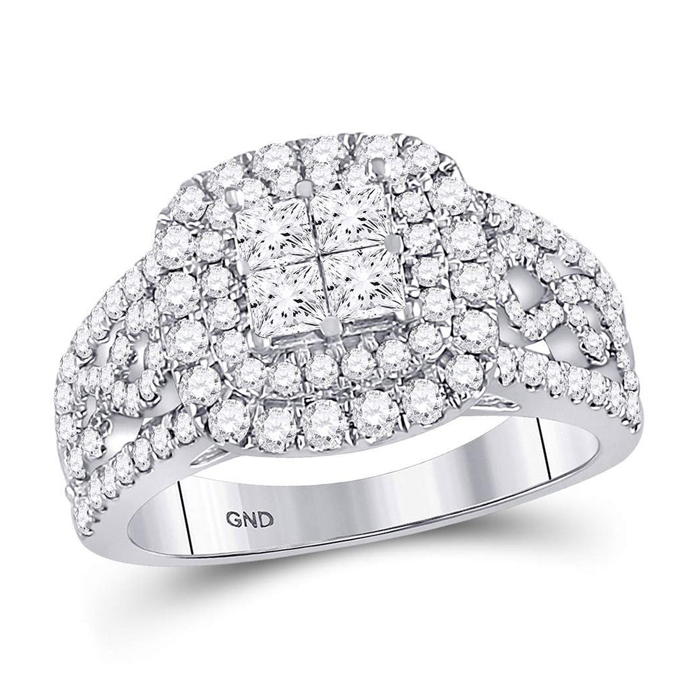 14kt White Gold Princess Diamond Cluster Bridal Wedding Engagement Ring 1-1/2 Cttw