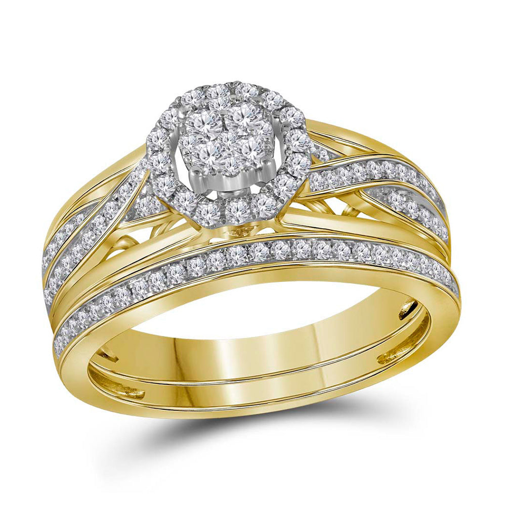 14kt Yellow Gold Round Diamond Cluster Bridal Wedding Ring Band Set 1/2 Cttw
